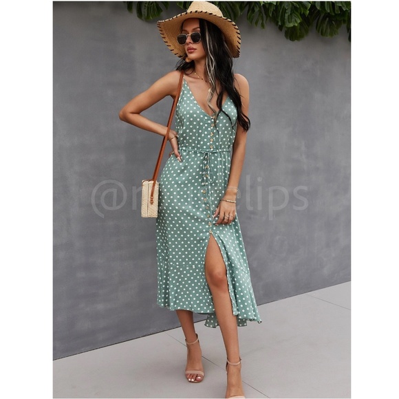 Mint Green Polka Dot Midi Button Through Dress Flared V-Neck - Picture 5 of 16